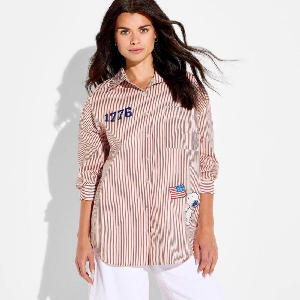 Women's American Peanuts Snoopy Woven Graphic Button-Down Shirt - Red S